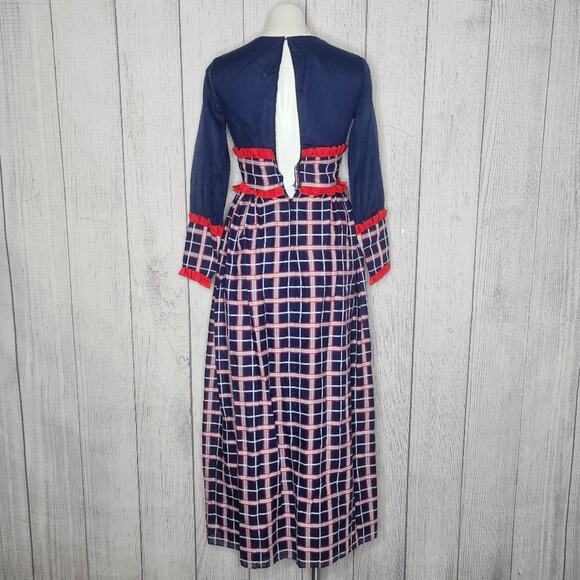 VTG 60s 70s Red/White/Blue Plaid Long Sleeve Prairie Maxi Dress - Picture 4 of 5